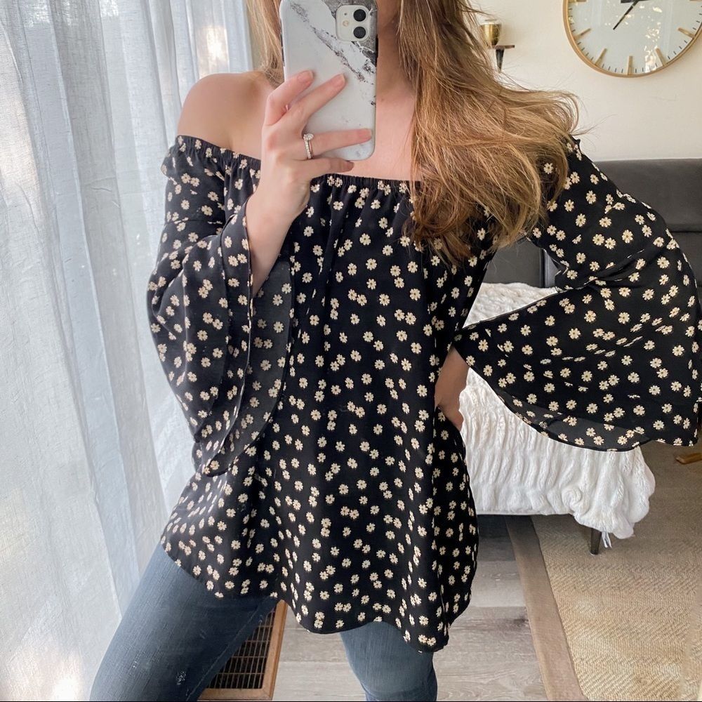 Voom Off Shoulder Black/Florals Bell Sleeve Top